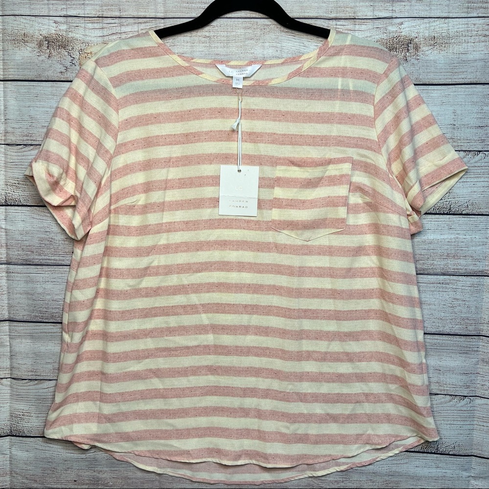 Lauren Conrad pink stripe short sleeve shirt Pocket woman Sz.M  NWT